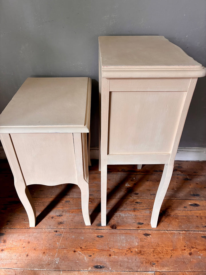 Vintage Painted French Bedside Tables - His and Hers in soft ochre cream, showcasing elegant fluted legs.