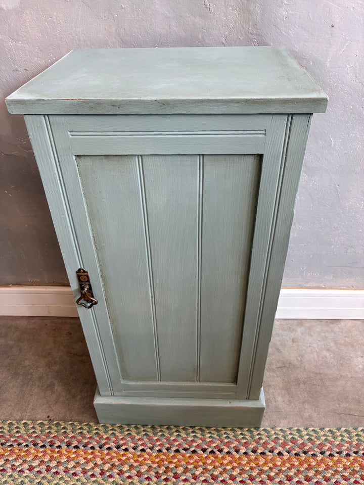 Vintage painted pot cupboard in duck egg blue with brass handle, ideal for bedside storage, from Source for the Goose Devon.