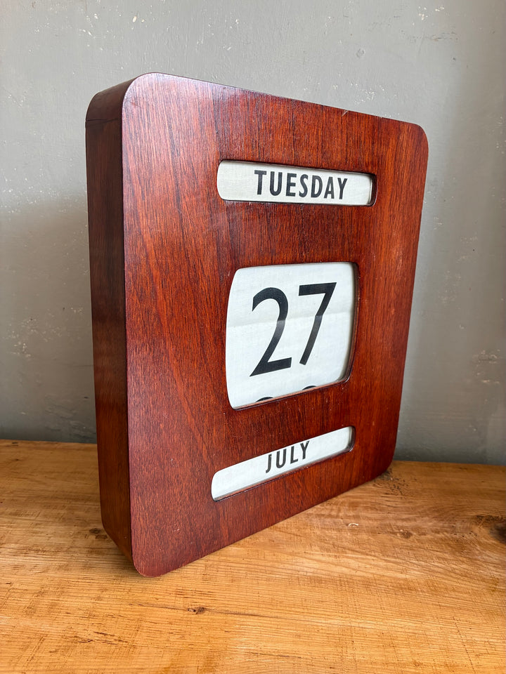 Vintage Wall Hanging Perpetual Calendar with wooden case showing Tuesday, 27 July.