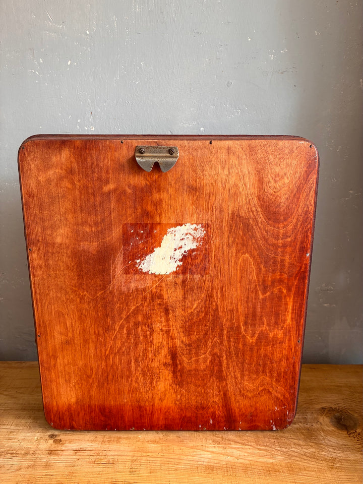 Back of Vintage Wall Hanging Perpetual Calendar showcasing wooden case and hanging hook.