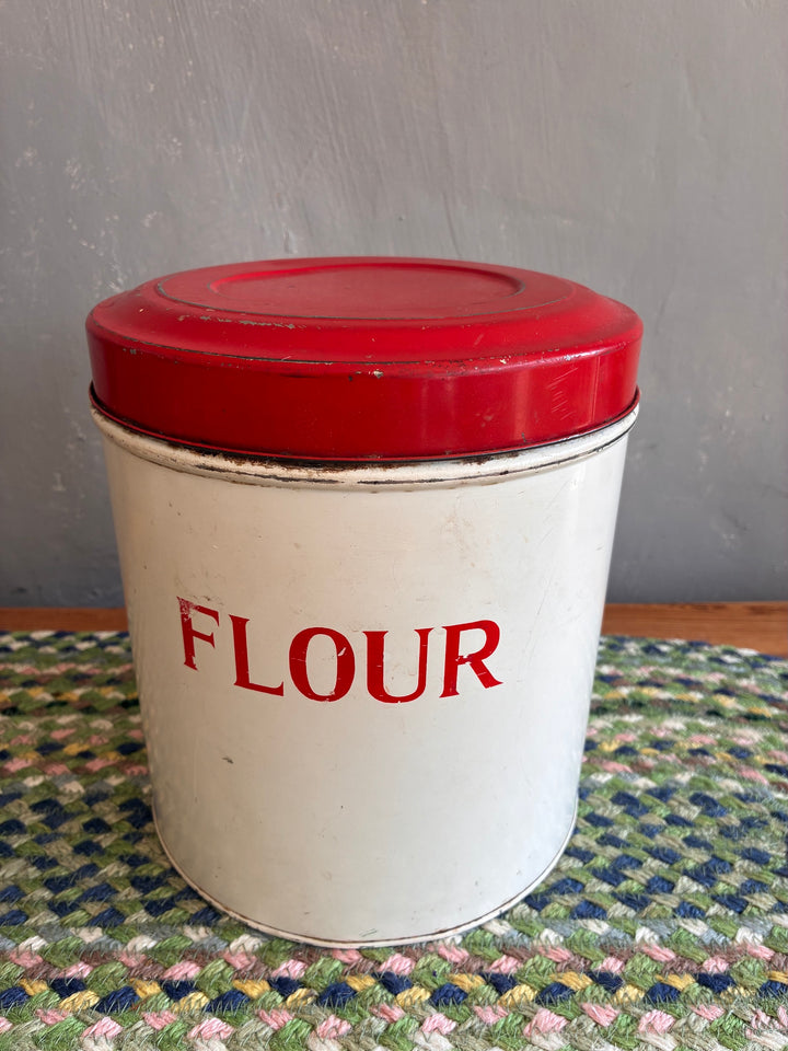 Vintage red and white Tala flour bin, 1960s charm, practical storage, retro kitchen decor from Source for the Goose, Devon.