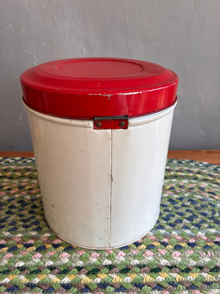 Vintage Red and White Tala Flour Bin with a charming tin design from the 1960s, perfect for nostalgic kitchen decor.