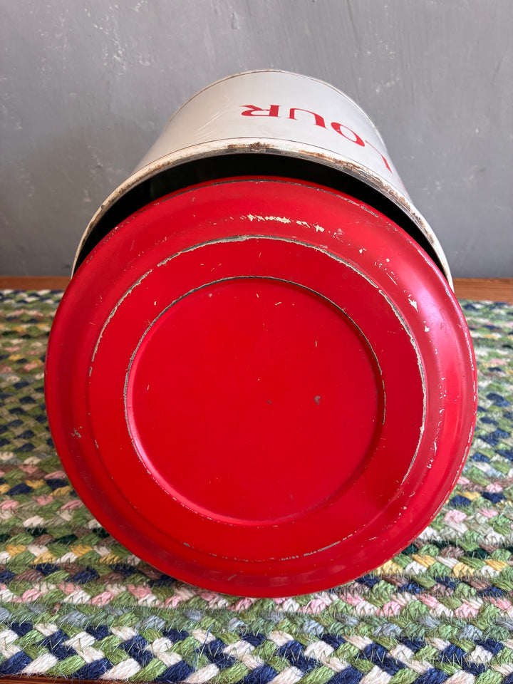 Vintage Red and White Tala Flour Bin showcasing a rustic worn finish, ideal for retro kitchen decor from Source for the Goose, Devon.