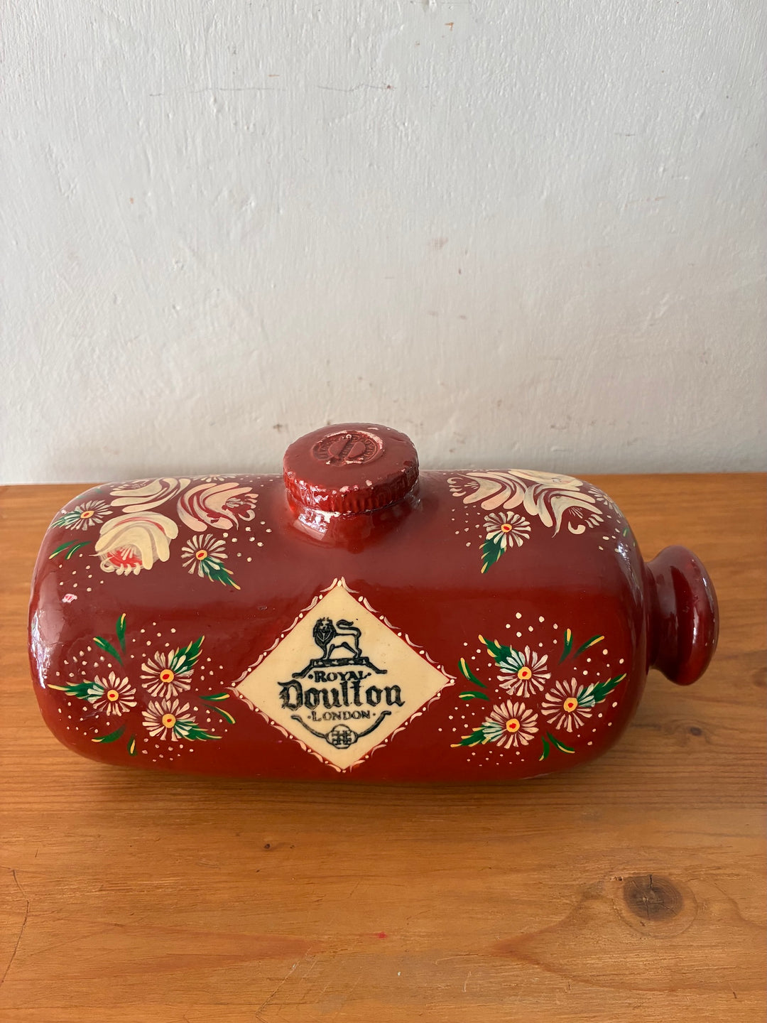 Vintage Royal Doulton Stoneware Foot Warmer - Painted Toleware with floral design and authentic stamp.
