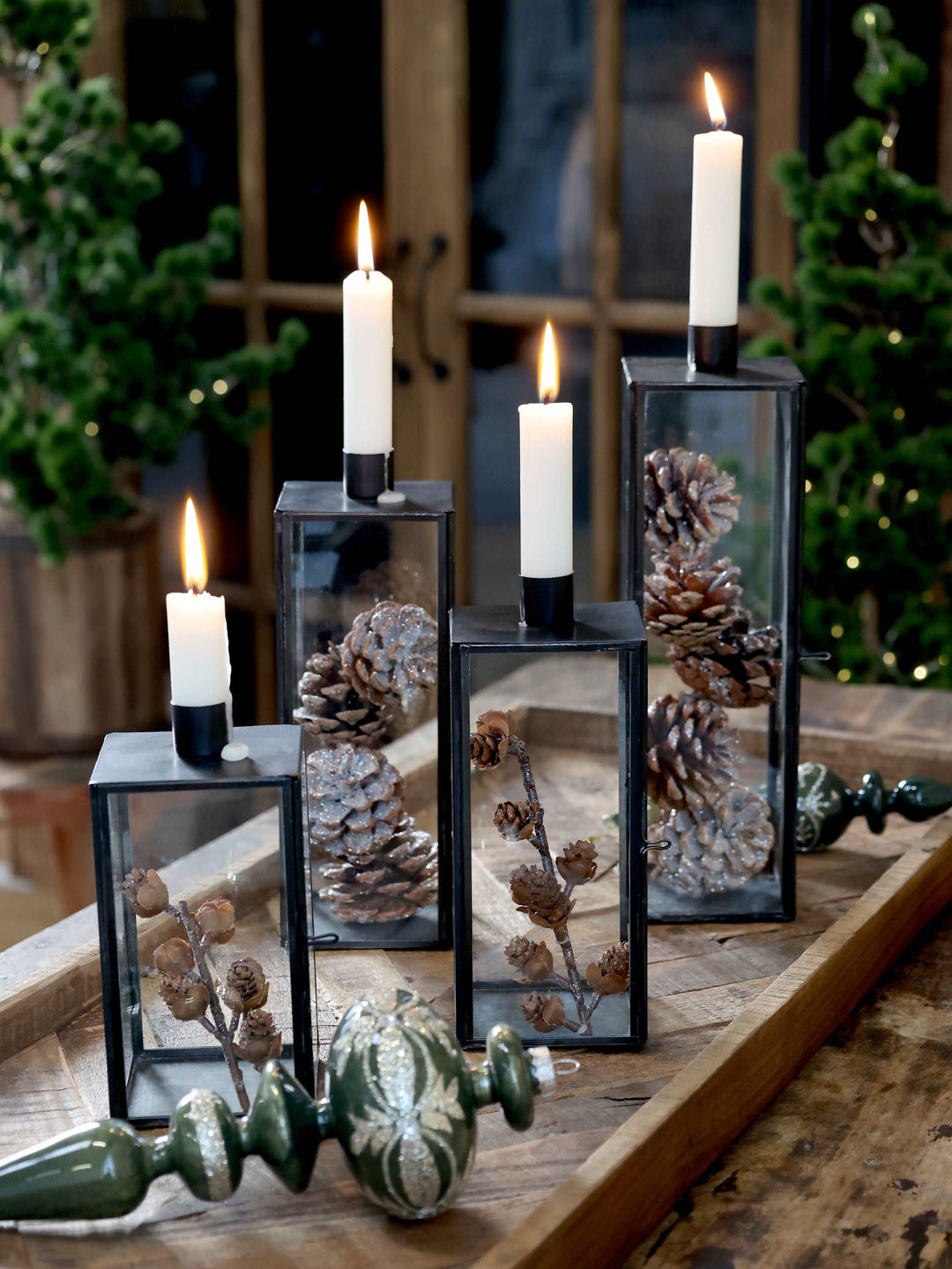 Green Glass Finial Ornaments used as a tray decoration at Christmas