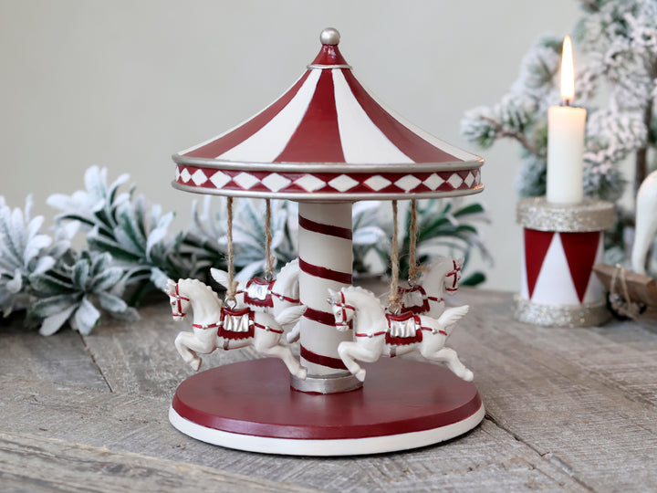 Vintage Style Miniature Carousel With Four horse in red and white