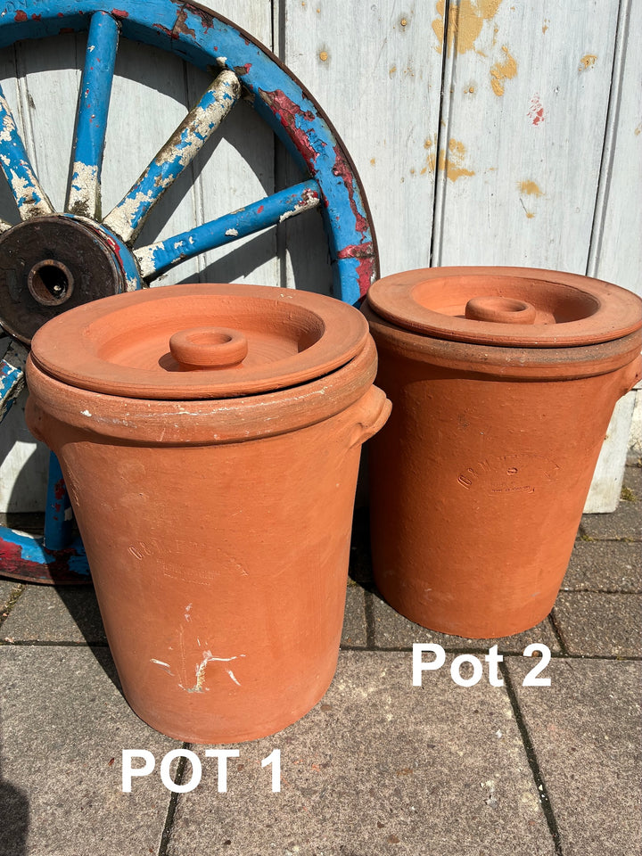 Large Vintage Terracotta Pots with Lids by Source for the Goose, Devon, perfect for kitchen storage or planting.
