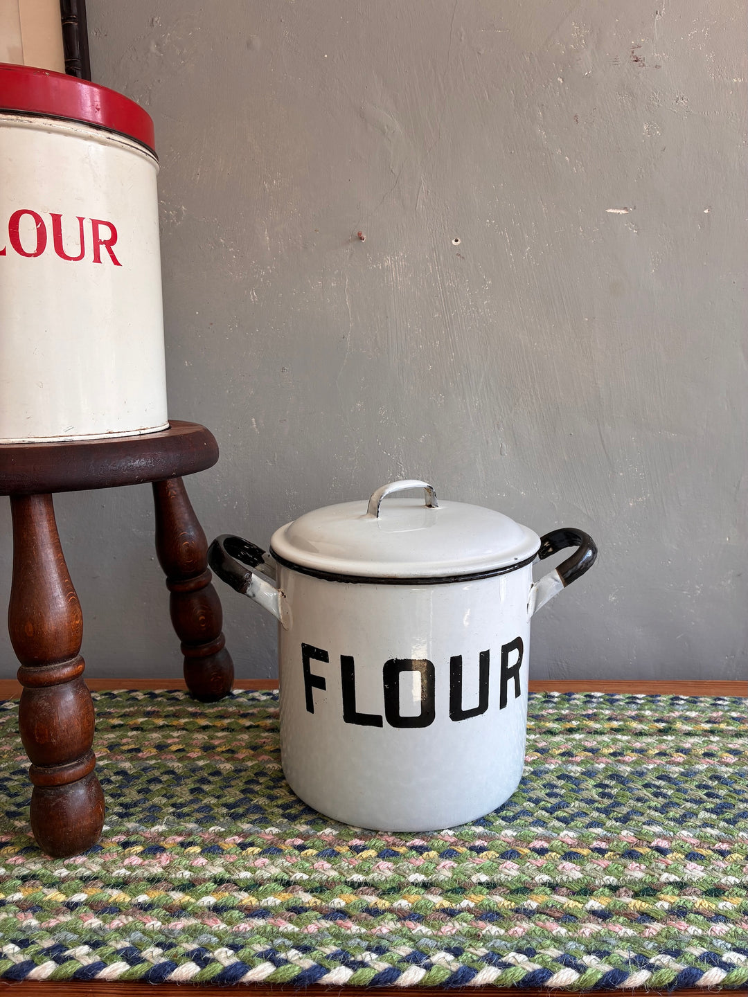 Vintage white and black flour bin, nostalgic kitchen decor, sourced from Source for the Goose, Devon.