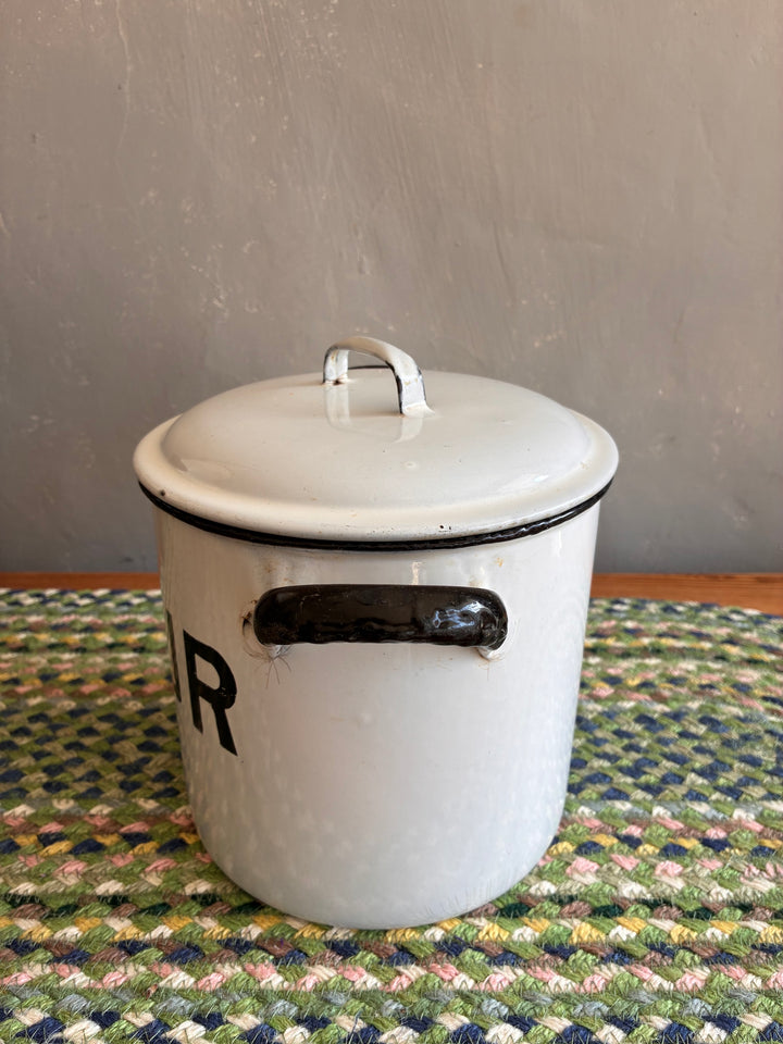 Vintage white and black flour bin with worn finish, featuring authentic 1930s lettering, from Source for the Goose, Devon.