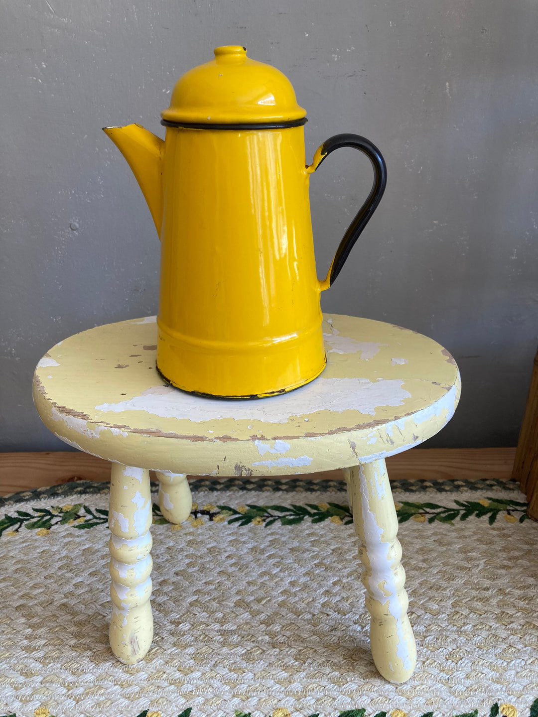 1940s French Enamel Yellow Coffee Maker. French Vintage Kitchen