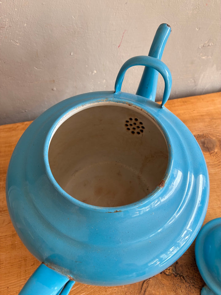 Large Vintage Blue Enamel Teapot showcasing its interior and weathered charm.