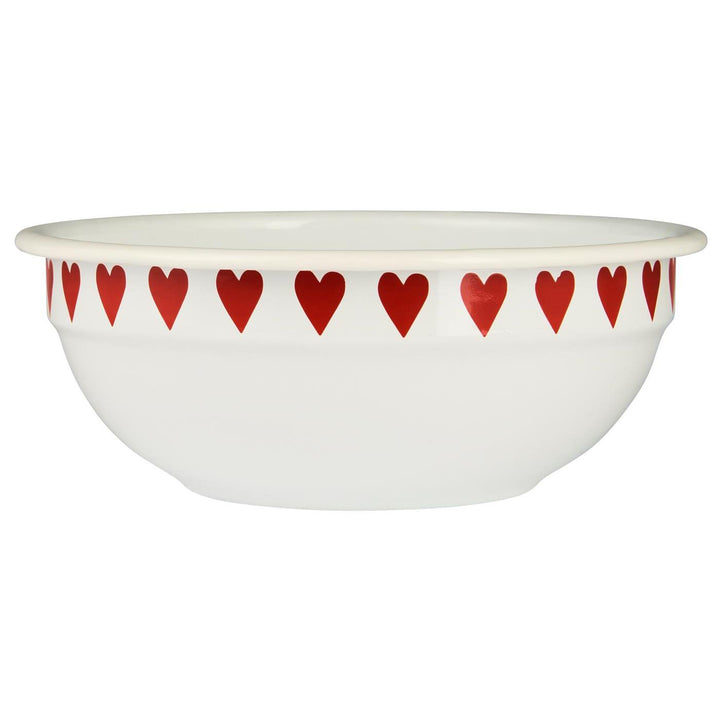 Pretty White Enamel Bowl with Red Heart Design by Source for the Goose Devon, ideal for serving snacks at gatherings.