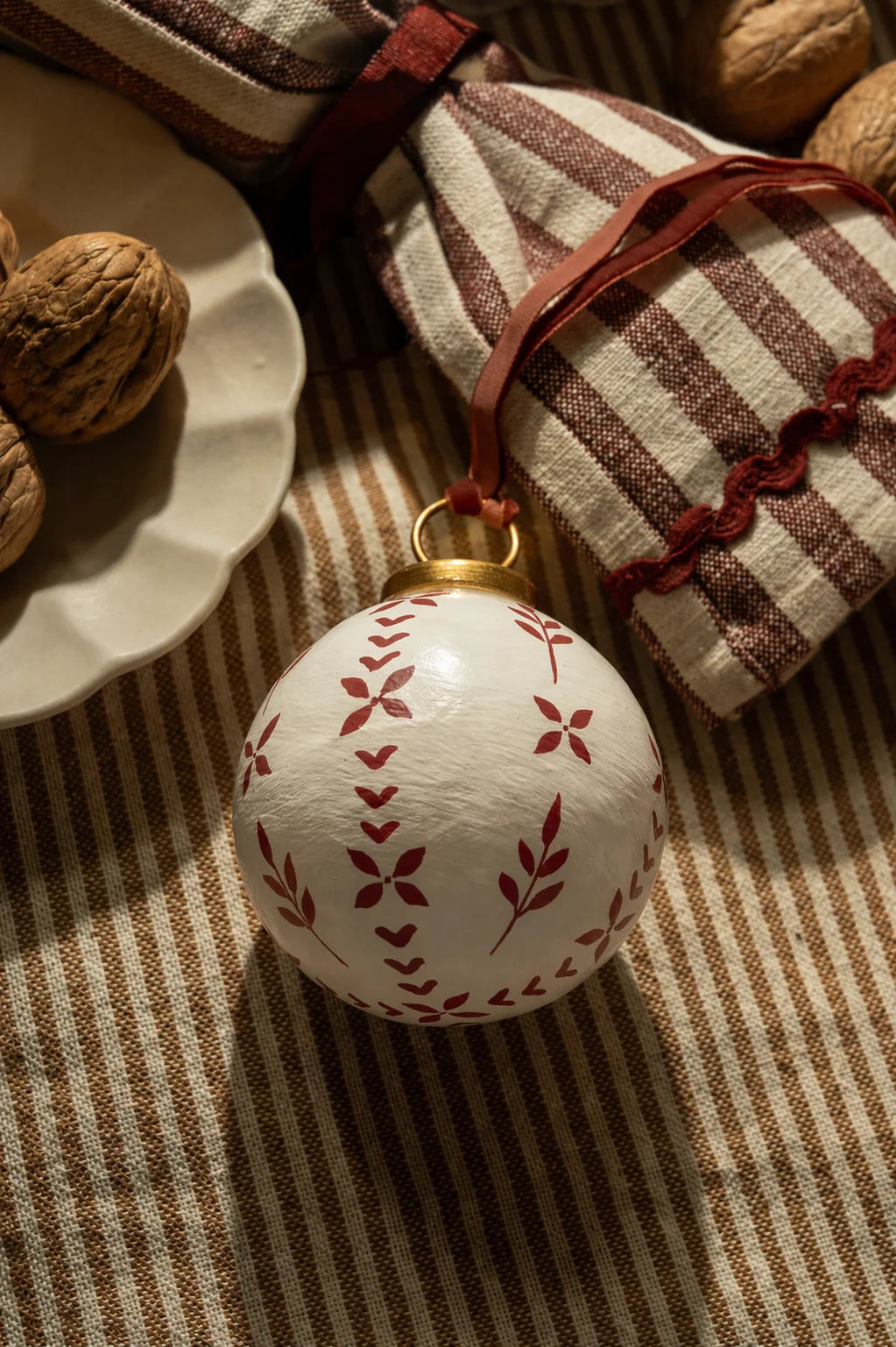 Set of Three Hand-Painted Baubles with Velvet Ribbon - Winter Berry or Pine Green