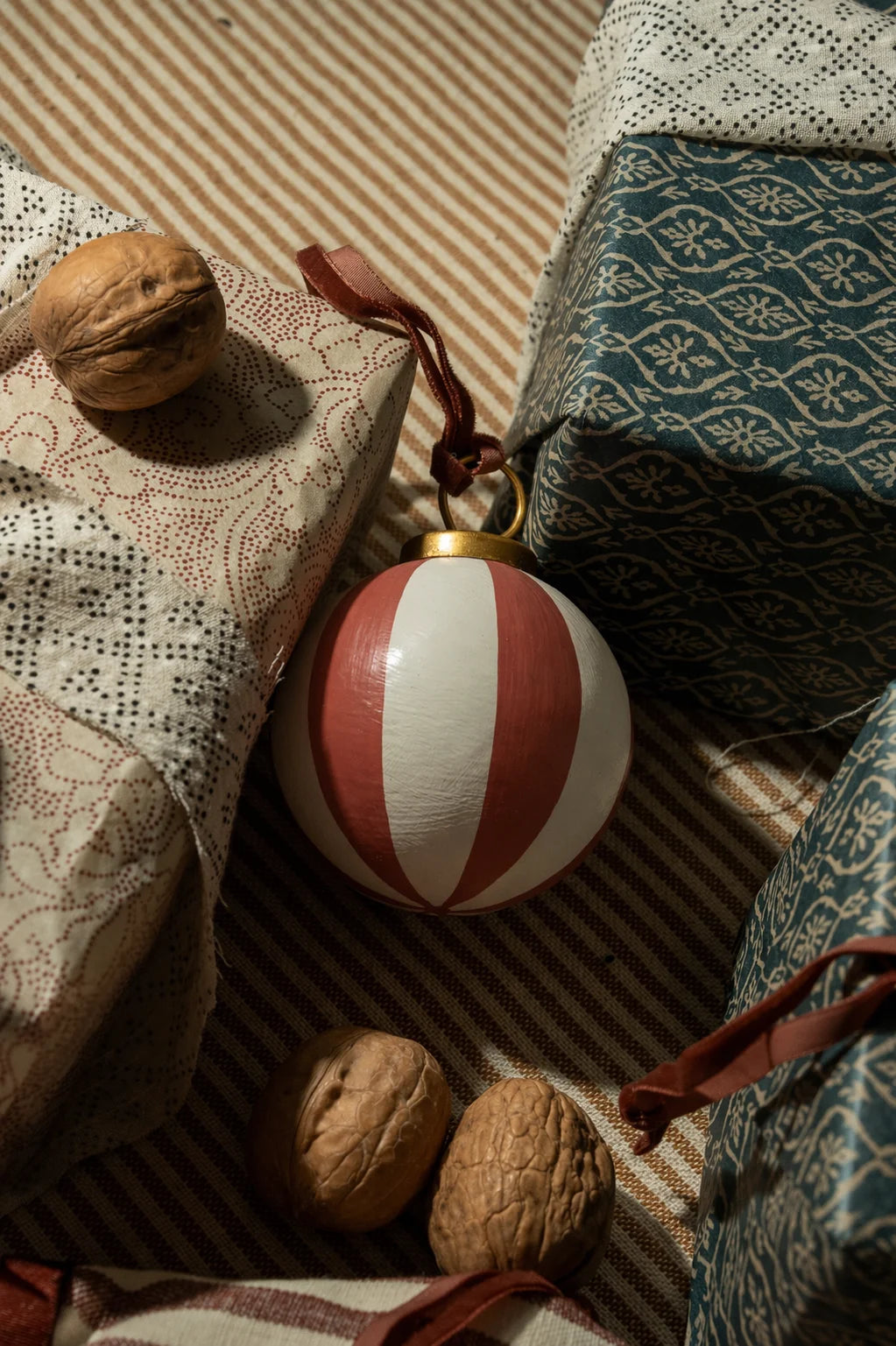Set of Three Hand-Painted Baubles with Velvet Ribbon - Winter Berry or Pine Green