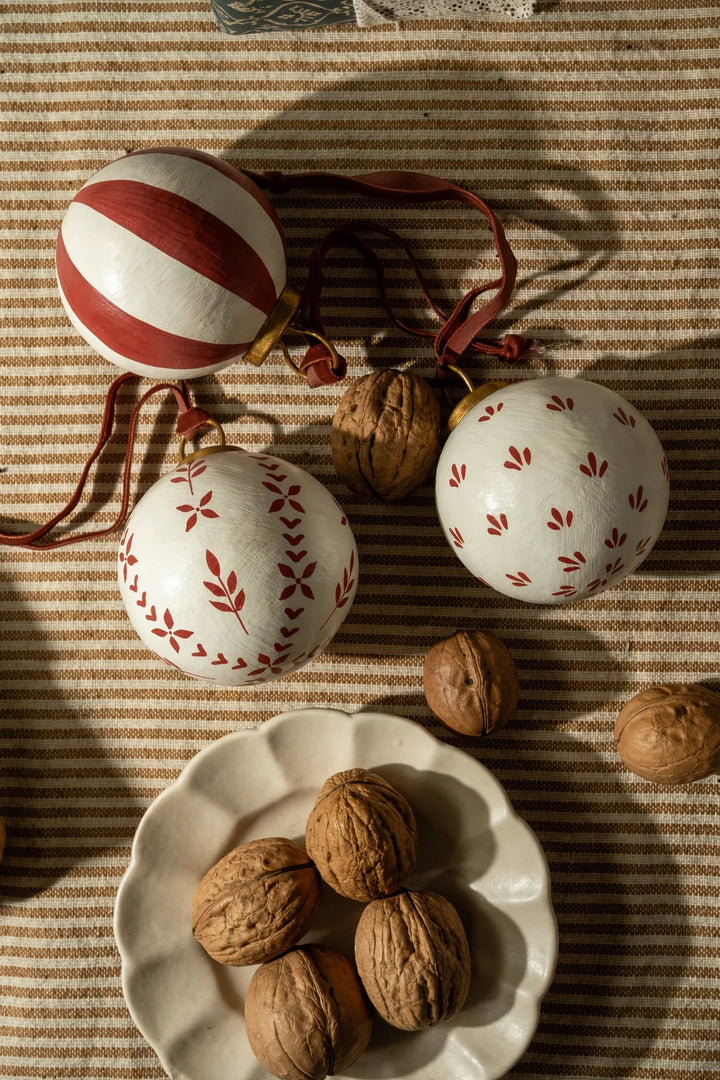 Set of Three Hand-Painted Baubles with Velvet Ribbon - Winter Berry or Pine Green