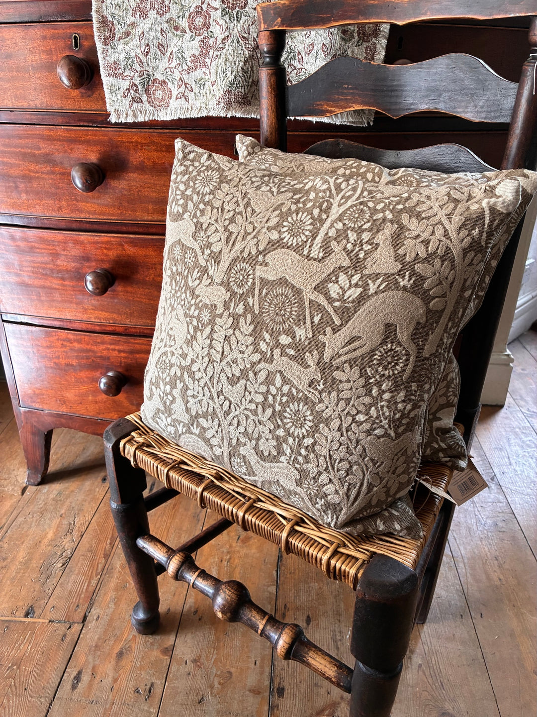 cushion with a raised design depicting woodland fauna and flora on a wooden chair in front of a mahogany chest of drawers