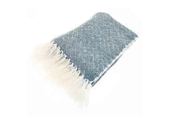 Wool Blend Smoke Blue Throw by Source for the Goose, featuring luxurious tassels and a calming blue hue.
