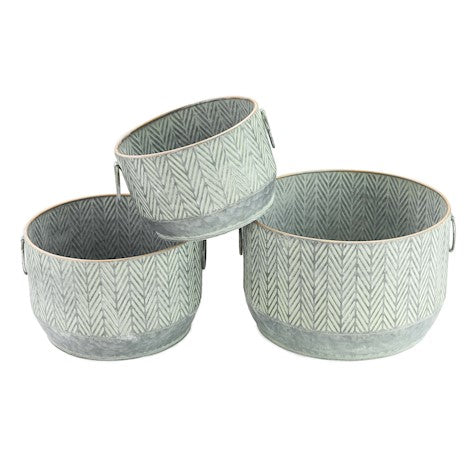 Round Zinc Planter with Herringbone Design