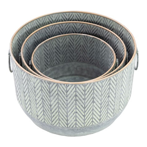 Round Zinc Planter with Herringbone Design