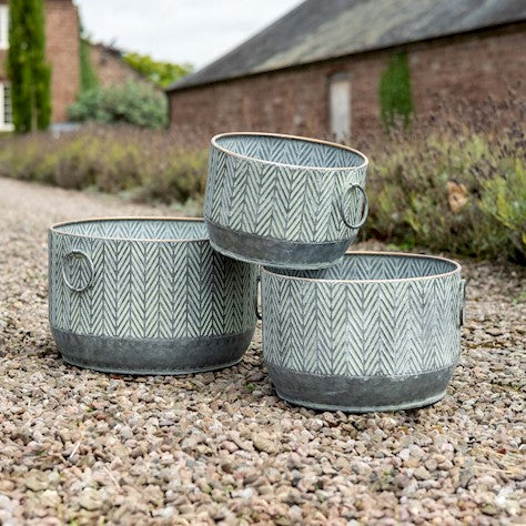 Round Zinc Planter with Herringbone Design