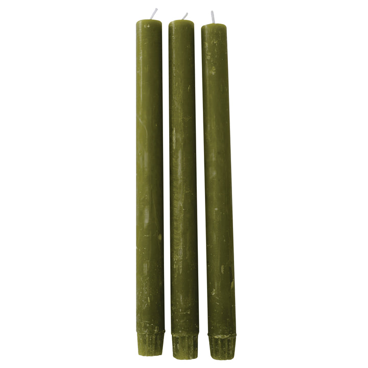 set of three rustic fern green dinner candles
