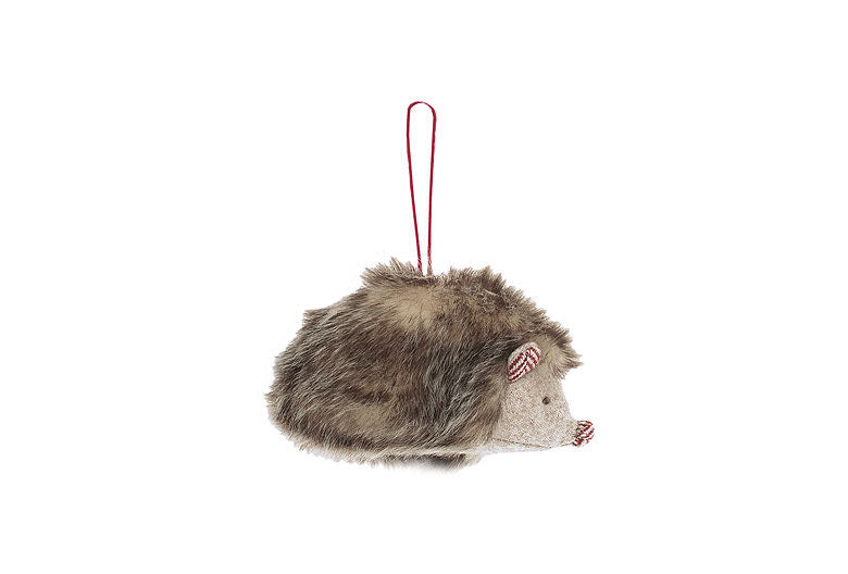 Hedgehog Christmas tree decoration with furry body and red and white stripe noes and ears