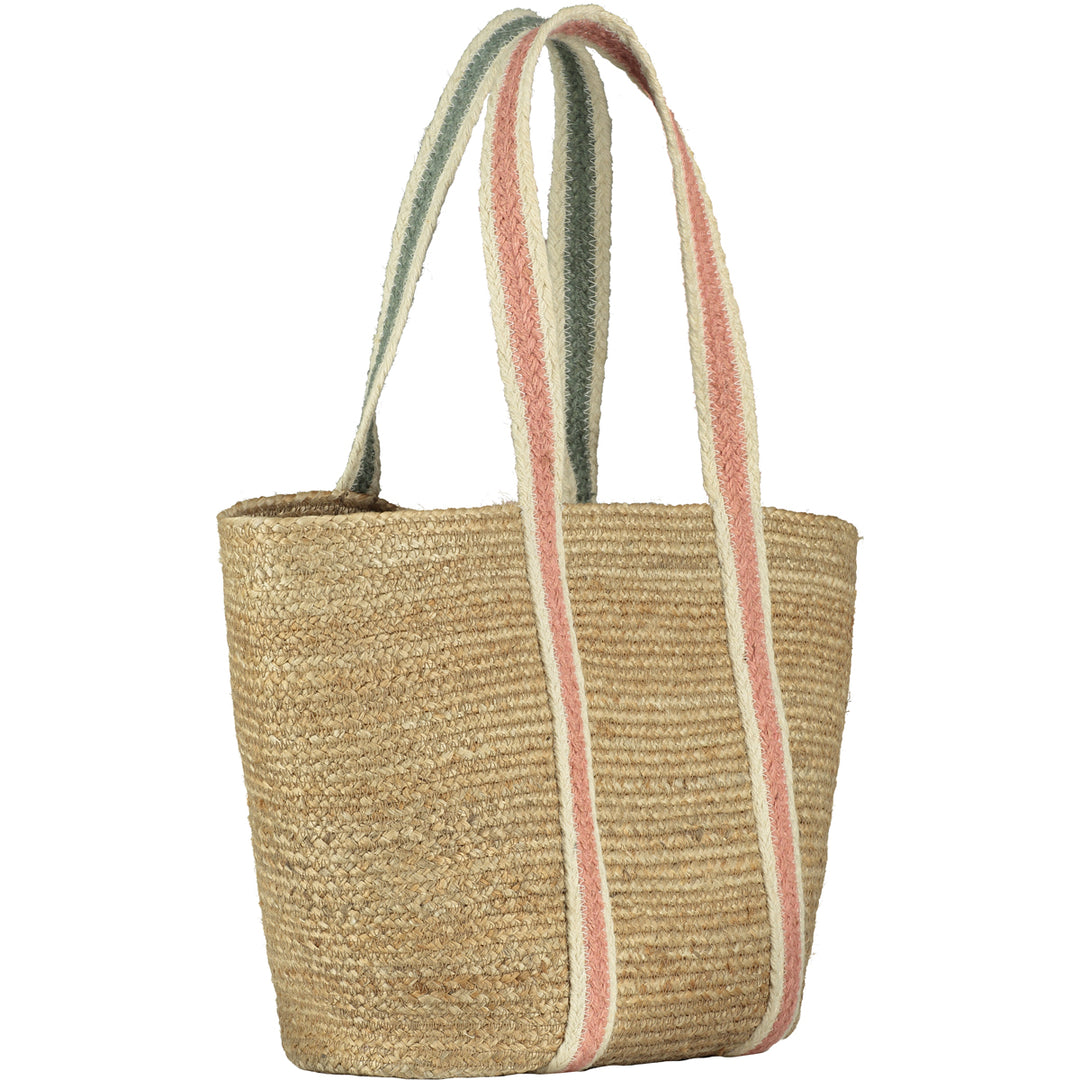 Summer Rose Jute Tote Bag with long straps in duck egg blue and peach