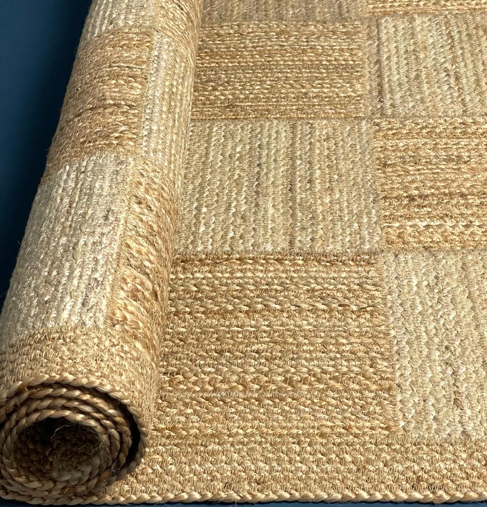 Natural and white tile design jute rug for sale at Source for the Goose, Devon, UK