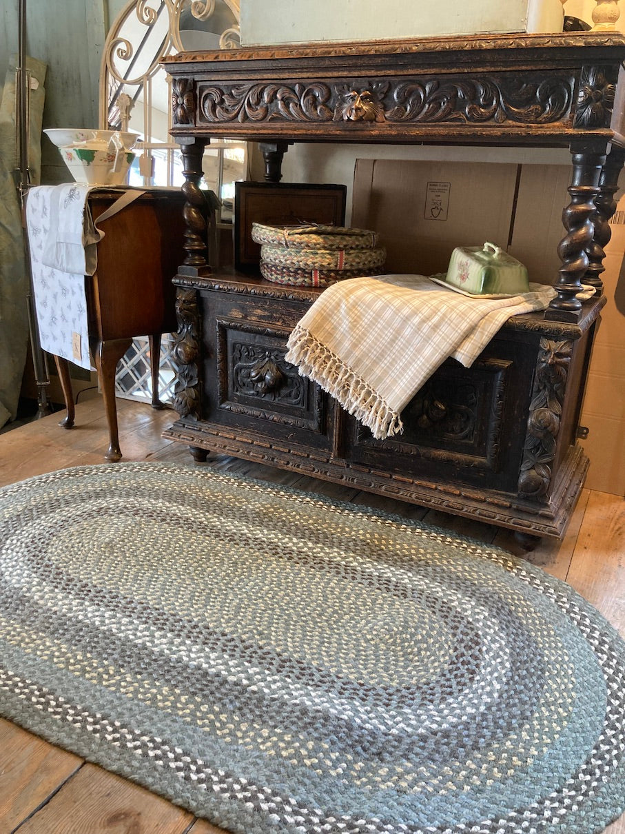 Oval organic jute braided rug for sale at Source for the Goose, Devon, UK