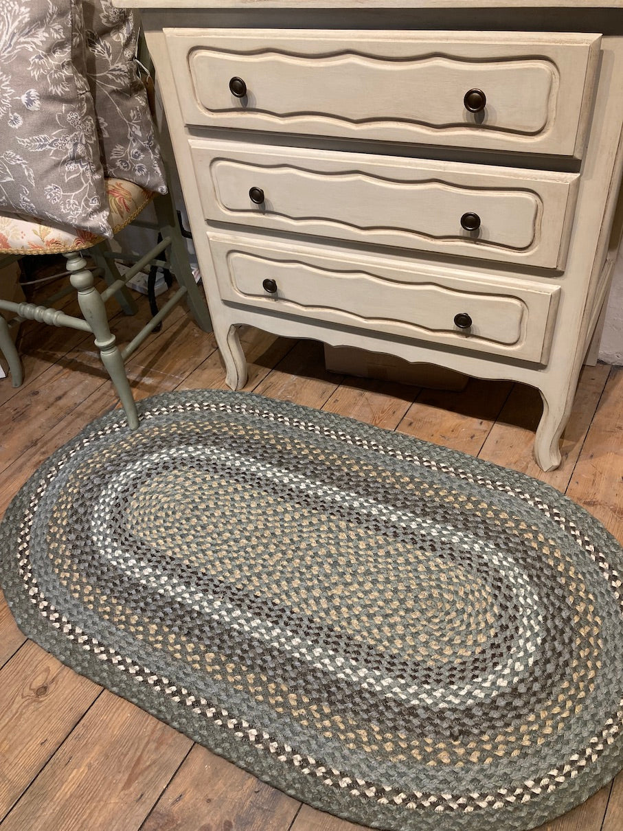 blue green oval jute braided rug for sale at Source for the Goose, South Molton, UK