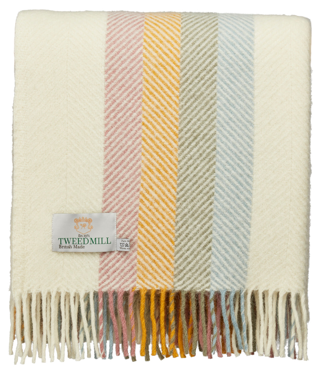 cream wool blanket with pink, yellow, green and blue stripes