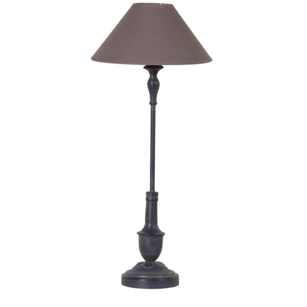 tall slim bedside lamp with black base and dark linen shade, for sale at Source for the Goose, Devon, UK