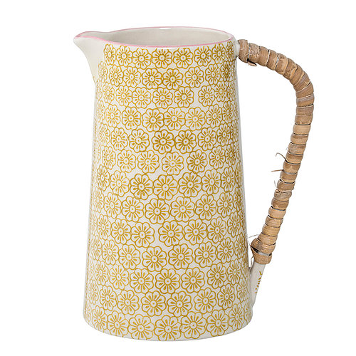 Bloomingville retro style yellow flower jug with rattan handle