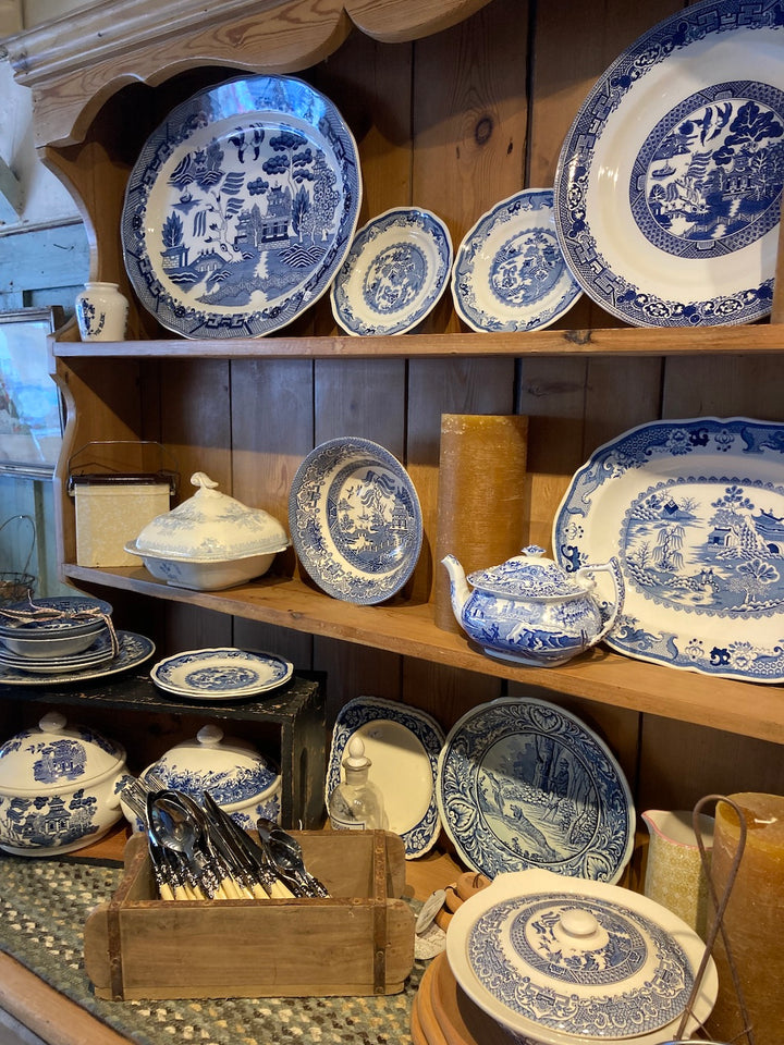 blue and white vintage crockery at Source for the Goose, Devon