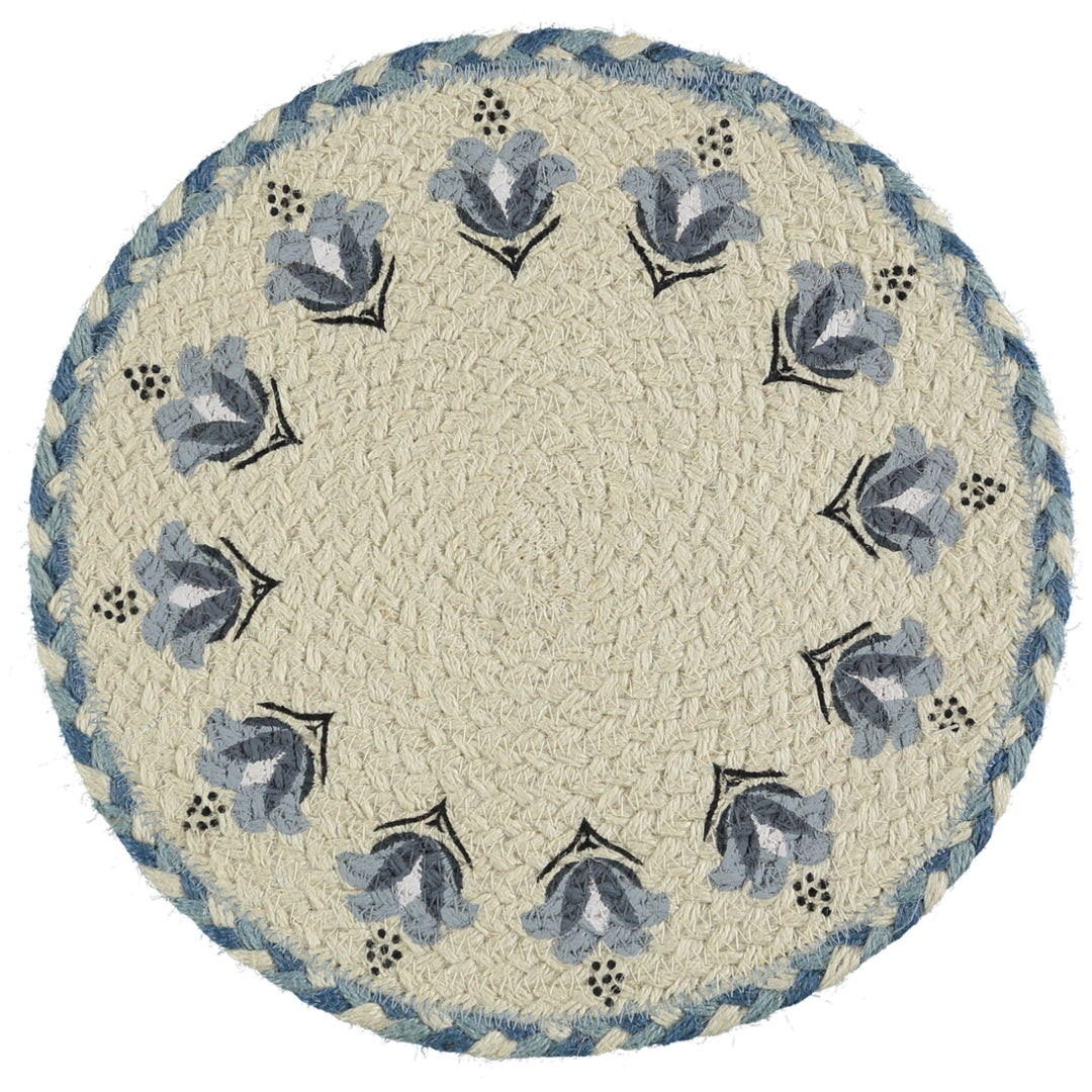 Set of Six Jute Coasters - Blue Lily design in a woven basket