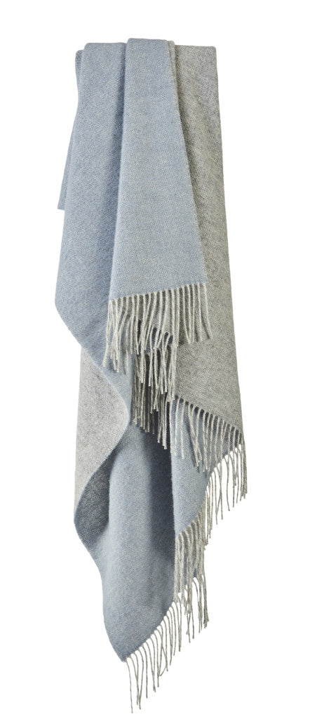 blue and grey pure wool blanket with tassels