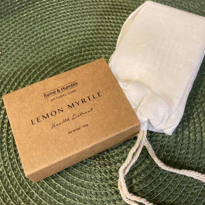 Lemon Myrtle Soap in cotton cloth gift bag for sale at Source for the Goose, Devon, UK
