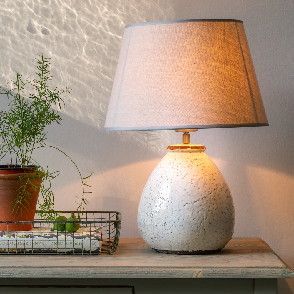 stoneware lamp with crackle glaze and grey shade