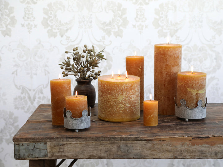 mustard yellow marbled pillar candles