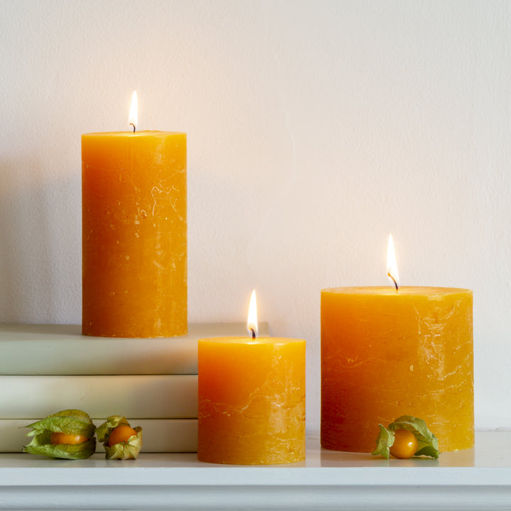 rustic, marbled yellow pillar candles by Grand Illusions for sale at Source for the Goose, Devon, UK