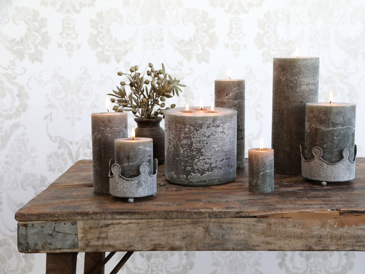 Medium Olive Green Marble Effect Pillar Candle