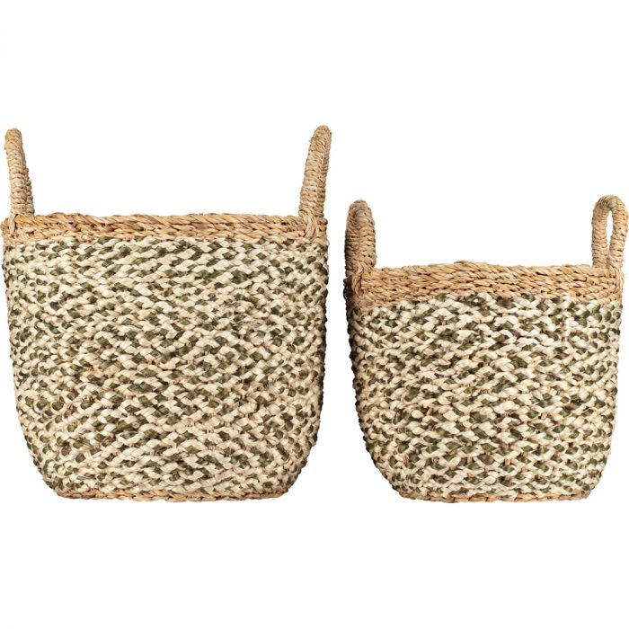Small and medium olive green jute log baskets from the Braided Rug Comapny