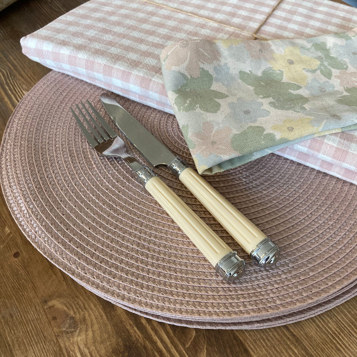 pink gingham tablecloth, pastel floral napkins and co-ordinating quartz pink placemat