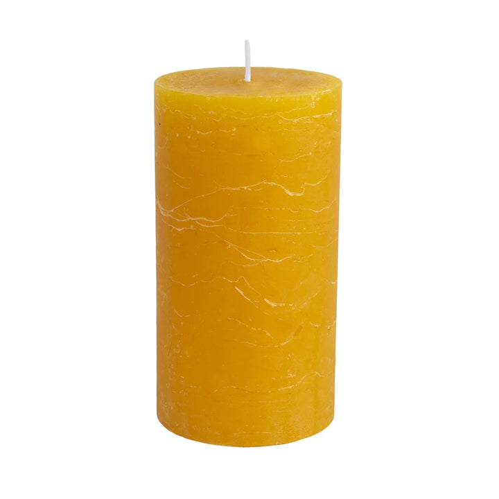 Rustic mustard yellow pillar candle for sale at Source for the Goose, Devon, UK