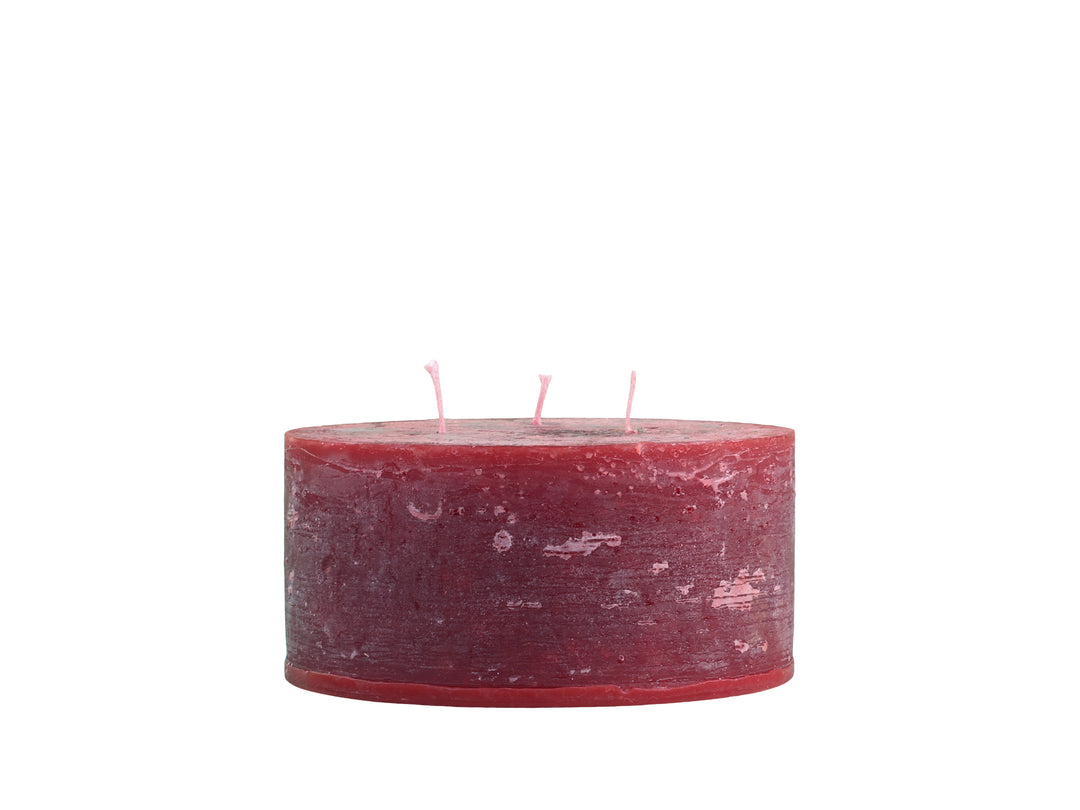 short chunky triple wick red pillar candle for sale at Source for the Goose, Devon