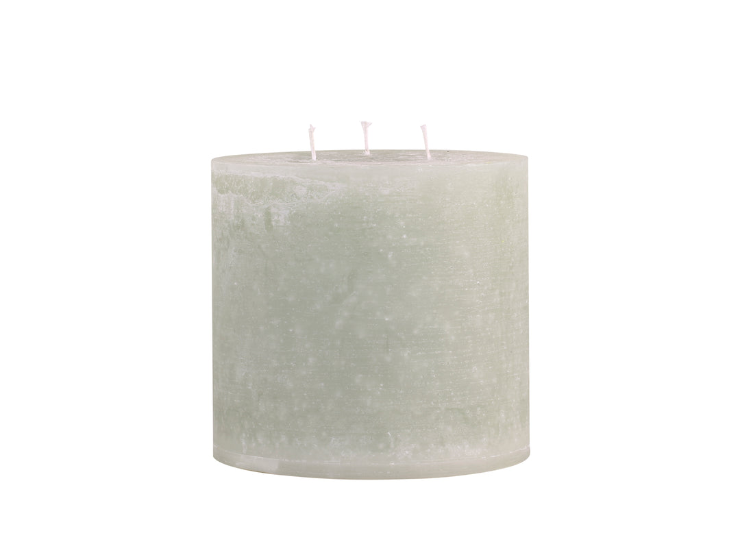 sage green triple wick pillar candle for sale at Source for the Goose, Devon